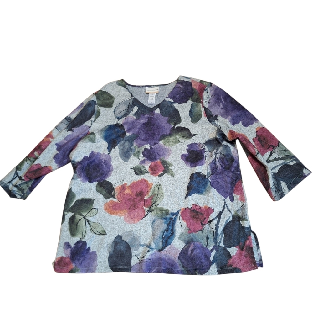 Alfred Dunner Colorful Floral Pullover 3/4 Sleeve V-Neck Top Career Teacher Boho